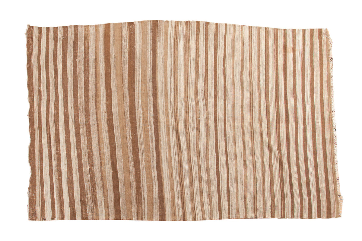 Vintage Moroccan hand woven Kilim carpet with striated natural beige and brown stripes.