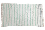 Vintage Turkish woven throw cloth with ivory, triple-banded mint green, and charcoal vertical stripes.