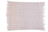 Vintage Moroccan hand woven plaid textile throw rug in peach orange rose and ivory, 4'1