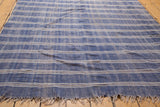 Textured denim blue and ivory striped Kilim with fringe and subtle tinsel accents.