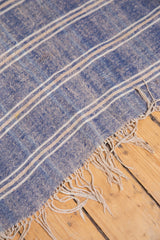 Fringed edge of Moroccan Kilim with denim blue, beige stripes, and shimmering threads.