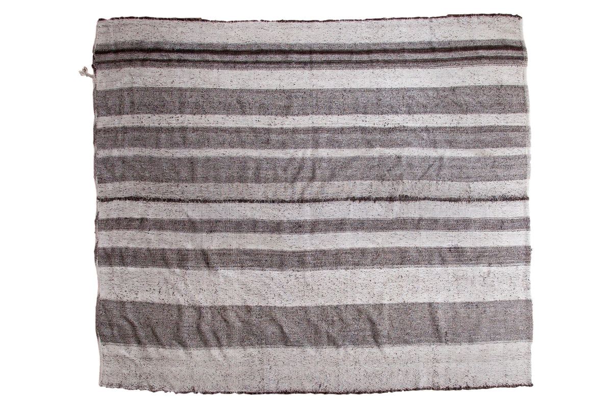 Vintage Turkish hand woven flatweave carpet with banded ivory, dark silver, and charcoal stripes.