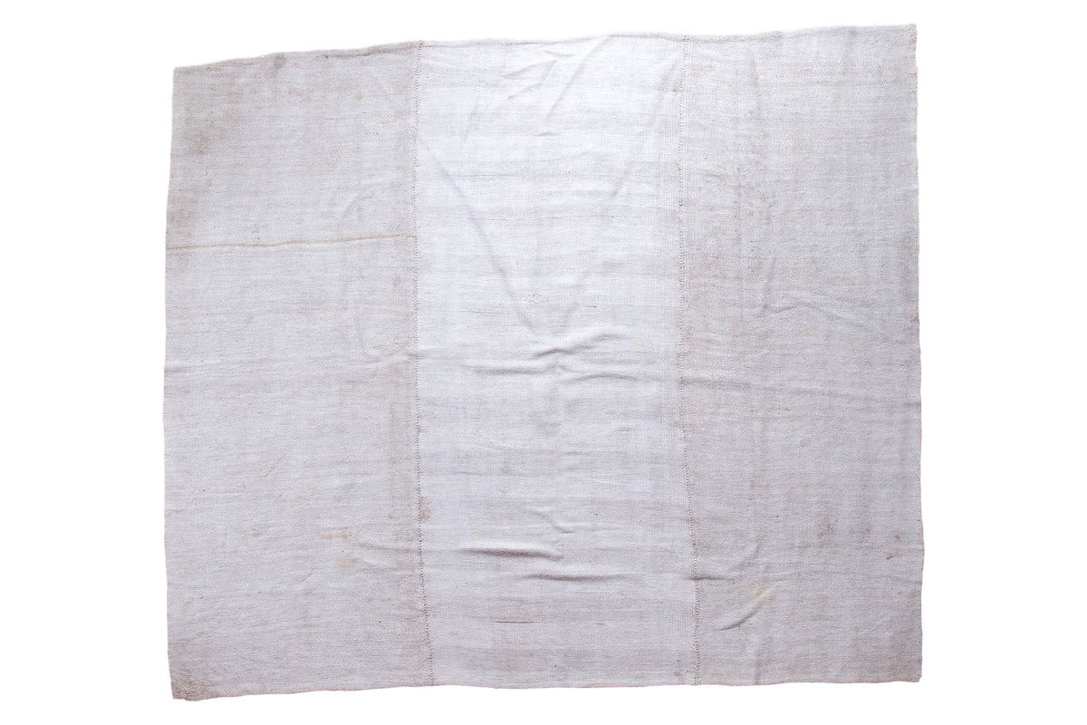 Hand woven Turkish vintage Grainsack carpet, neutral off-white with subtle striped center, 7'8" x 8'9".