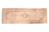 Vintage Oushak runner rug, triple medallion design, pale neutral tones with striated abrashes, 4'6