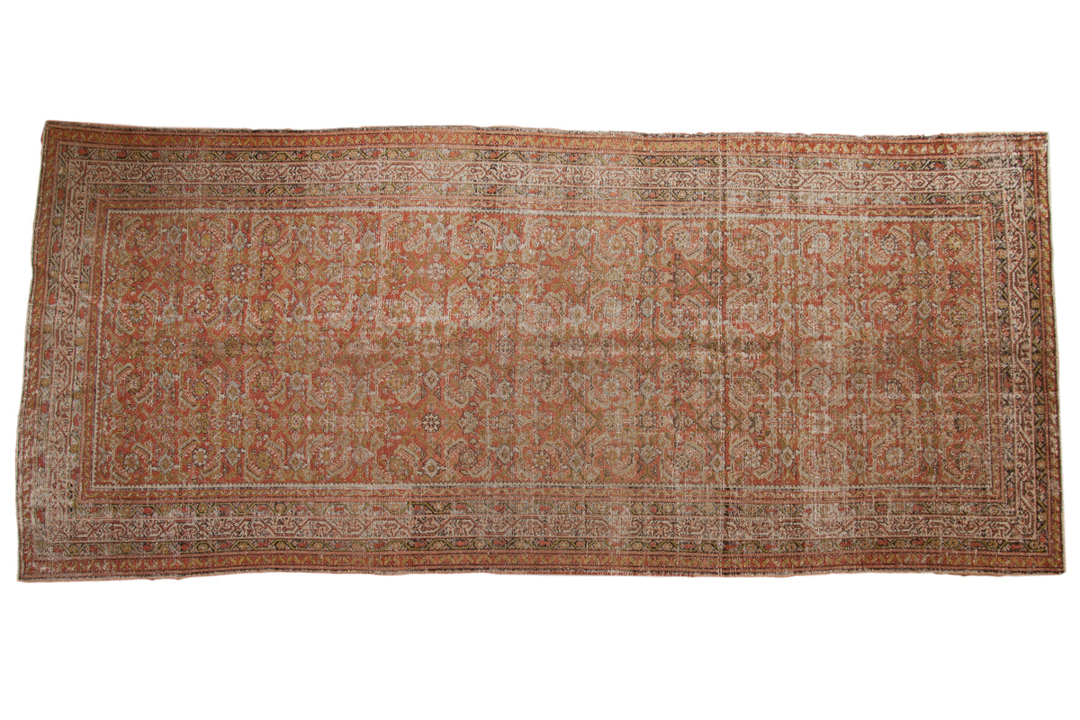 Distressed vintage Malayer rug runner with allover Herati motif in terracotta and ivory tones.