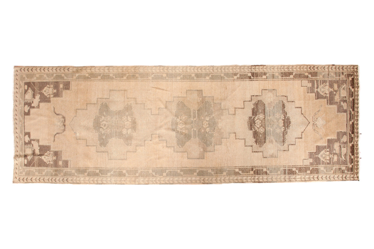 Vintage Oushak runner, triple geometric medallion in ivory, pale seafoam green, charcoal, 4'5" x 13'.