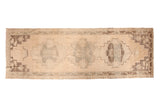 Vintage Oushak runner, triple geometric medallion in ivory, pale seafoam green, charcoal, 4'5
