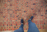 Feet on distressed Malayer runner, textured Herati pattern, vibrant colors.