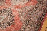 Distressed Turkish Sparta rug runner, cinnabar red field, worn pile, exposed foundation.