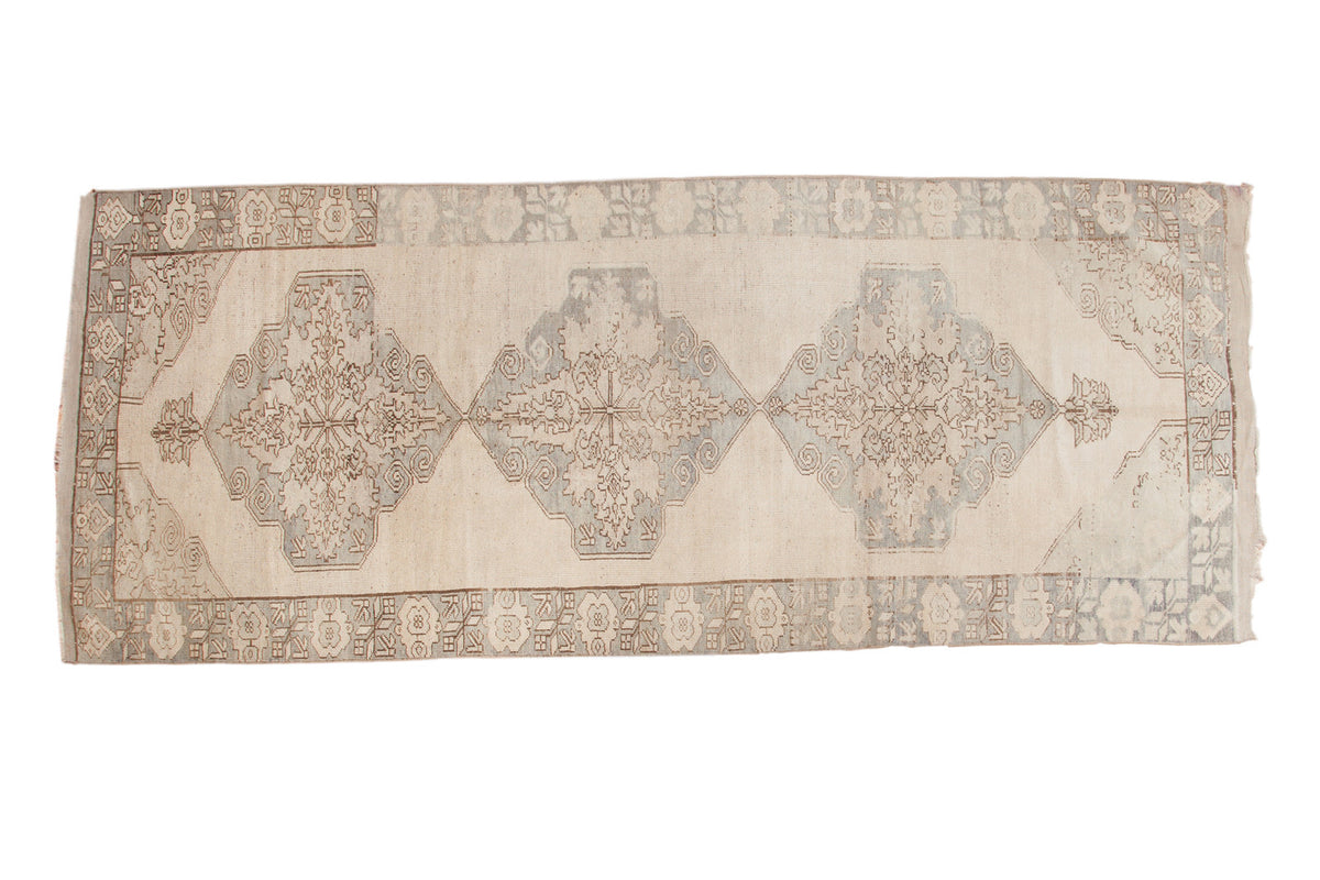 Vintage Oushak rug runner with triple oversize center medallions, antique ivory, slate, beige. 4'7" x 11'11".