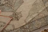 Vintage Oushak runner's low pile texture, revealing slate, ivory, and beige geometric motifs.