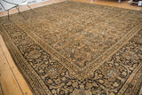 Vintage hand-knotted Meshed rug: intricate corner detail with bronze, charcoal, sky blue herati patterns.
