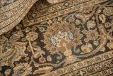 Hand-knotted pile detail, bronze, charcoal, and sky blue pomegranate and Herati motifs.