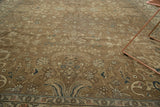 Distressed Romanian carpet with delicate floral drawing and scrolling vinery in faded bronze and blush.