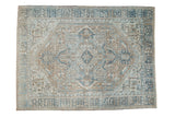 Distressed vintage Persian Karaja carpet with large medallion in blanched blue, sand, and ivory. 10x13'3