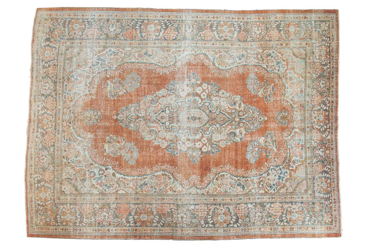 Distressed hand-knotted vintage Mahal carpet, orange rust field, floral medallion, 10'1" x 13'6".