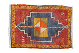 Vintage Oushak square rug, navy geometric medallion with diamond center on madder red, 1'10