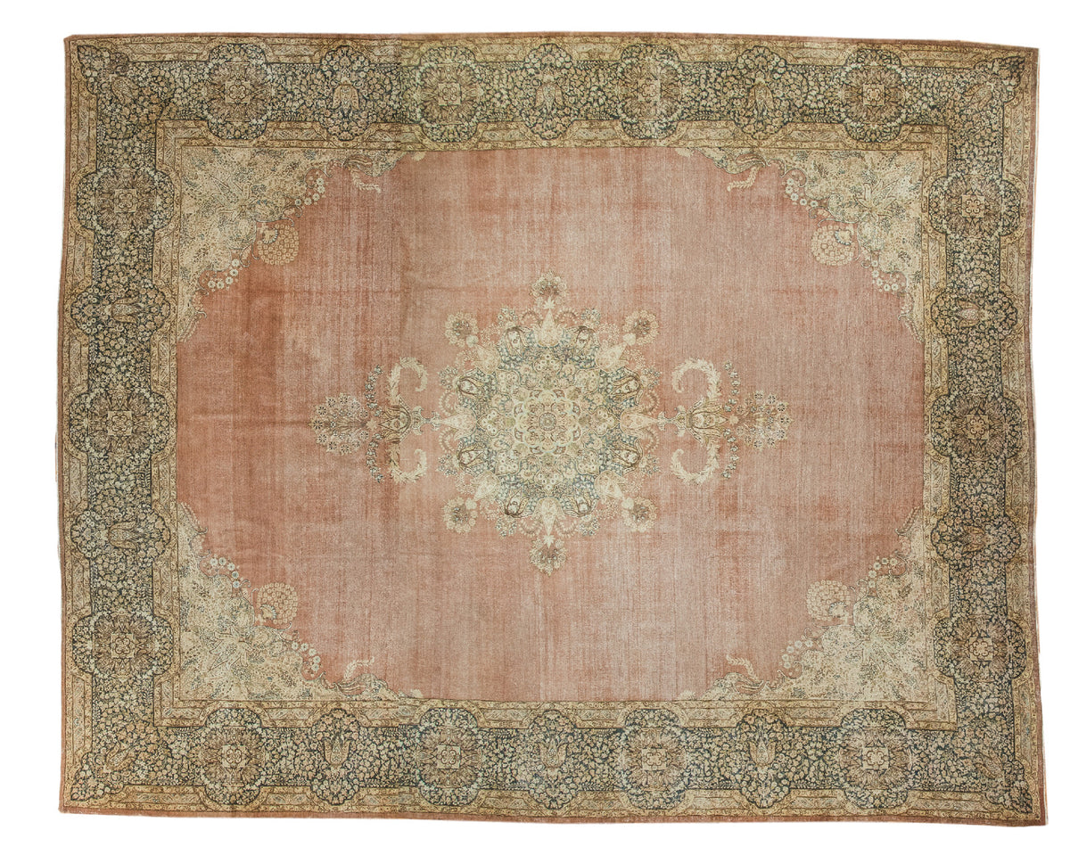 Distressed Kerman carpet with ornate trefoil medallion, blossoming florals, blush, navy, ivory, 12'9" x 16'1".