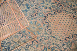 Intricate blush and blue scrolling vinery and dotted lattice pattern on vintage Kashan carpet.