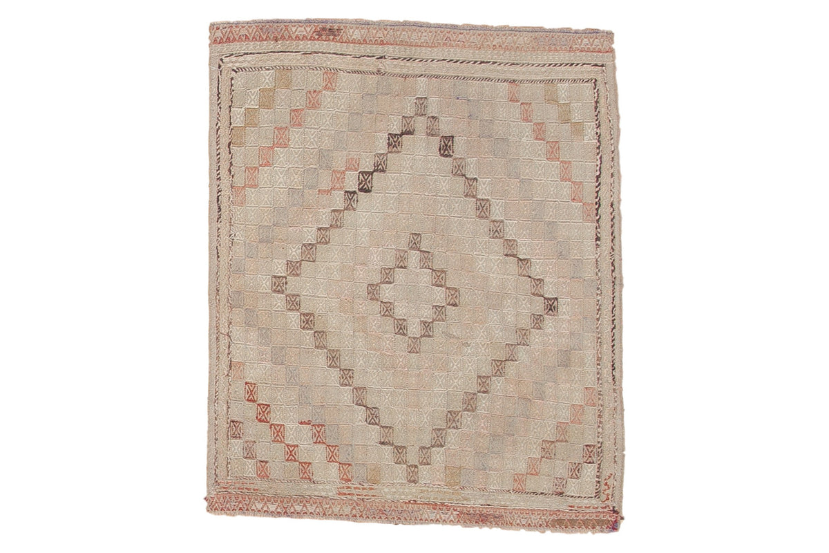 Vintage Turkish Jijim rug with geometric repeating squares in a soft faded palette, 3x3.5.