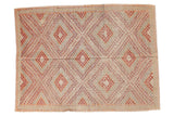 Vintage Turkish hand-knotted Jijim carpet, geometric repeating diamond patterns, ivory, aubergine, cherry red.