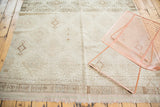 Distressed Jijim rug's geometric border and tone-on-tone repeating panel design.