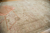 Distressed Tabriz carpet detail: faded ivory and blush Safavid era Kerman vase motifs.