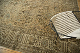 Distressed Tabriz rug detail: beige, brown, pale blue scrolling vinery and willow tree border.