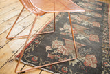 Vintage Oushak runner, charcoal field with ornate wine red, ivory floral bouquets.