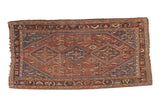 Antique Qashqai runner, triple Herati medallion design in chestnut, sky blue, and saffron, aged patina.