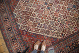 Distressed vintage Joshegan carpet, fine weave allover four seasons motif and brick red border.