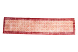 Vintage Distressed Konya runner in wine red, pale cochineal, ivory Moroccan tile motif.
