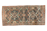 Distressed Mahal rug runner featuring a dramatic lattice of teal, terra cotta, and pale blue. 3'8