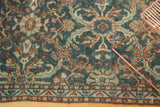 Vintage distressed Mahal rug detail: sprawling serrated leaves in teal charcoal and terra cotta.