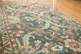 Distressed hand knotted Persian Mahal runner showing teal, terra cotta, and ivory leaf motif.