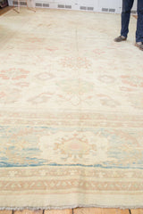 Sultanabad design border with pastel seafoam green, terracotta abrash, and fringe.