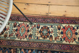 Distressed Baktiari rug border shows floral motifs in madder red, oxidized green, and indigo.