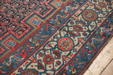 Intricate borders on antique Malayer rug with samovar design and meandering vines in red, blue, ivory.