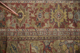 Antique Persian Mahal rug detail: moss green ground, low pile, copper burgundy palmettes, gold accents.