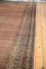 Antique Malayer runner's striped border in sky blue, navy, ivory, with red Mir boteh pattern.