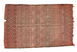 Vintage hand woven Moroccan Jijim carpet, dusty rose and charcoal geometric bands. 5'11