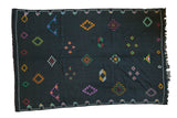 Jet black Moroccan Kilim carpet with vibrant aqua, green, saffron, fuchsia diamond designs, 6x9.