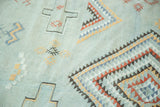 Geometric serrated diamond and pinwheel motifs in brick red and denim blue on a Moroccan Kilim.