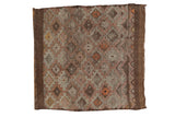 Vintage Turkish Jijim square rug, allover geometric diamonds in coffee brown, antique ivory, and tangerine.