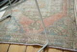 Distressed vintage Oushak runner detail, showing secured side, blush, beige, blue, and foundation wear.