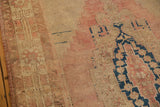 Distressed vintage Oushak runner, low pile and foundation showing, with faded blush, beige, indigo tones.