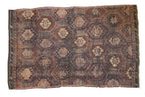 Distressed Turkish Jijim rug with allover geometric panels in charcoal, blush, and tangerine, 6x9.5.