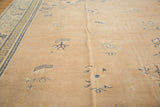 Antique distressed Chinese carpet's beige field, blue pictorial plants, and running T border.
