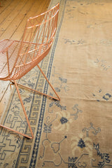 Antique Chinese distressed square carpet showing worn texture and cobalt blue running T border.