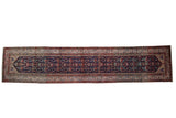 Vintage Malayer hand-knotted runner, stylized Herati motif in navy, madder red, ivory, meandering border, 3'6